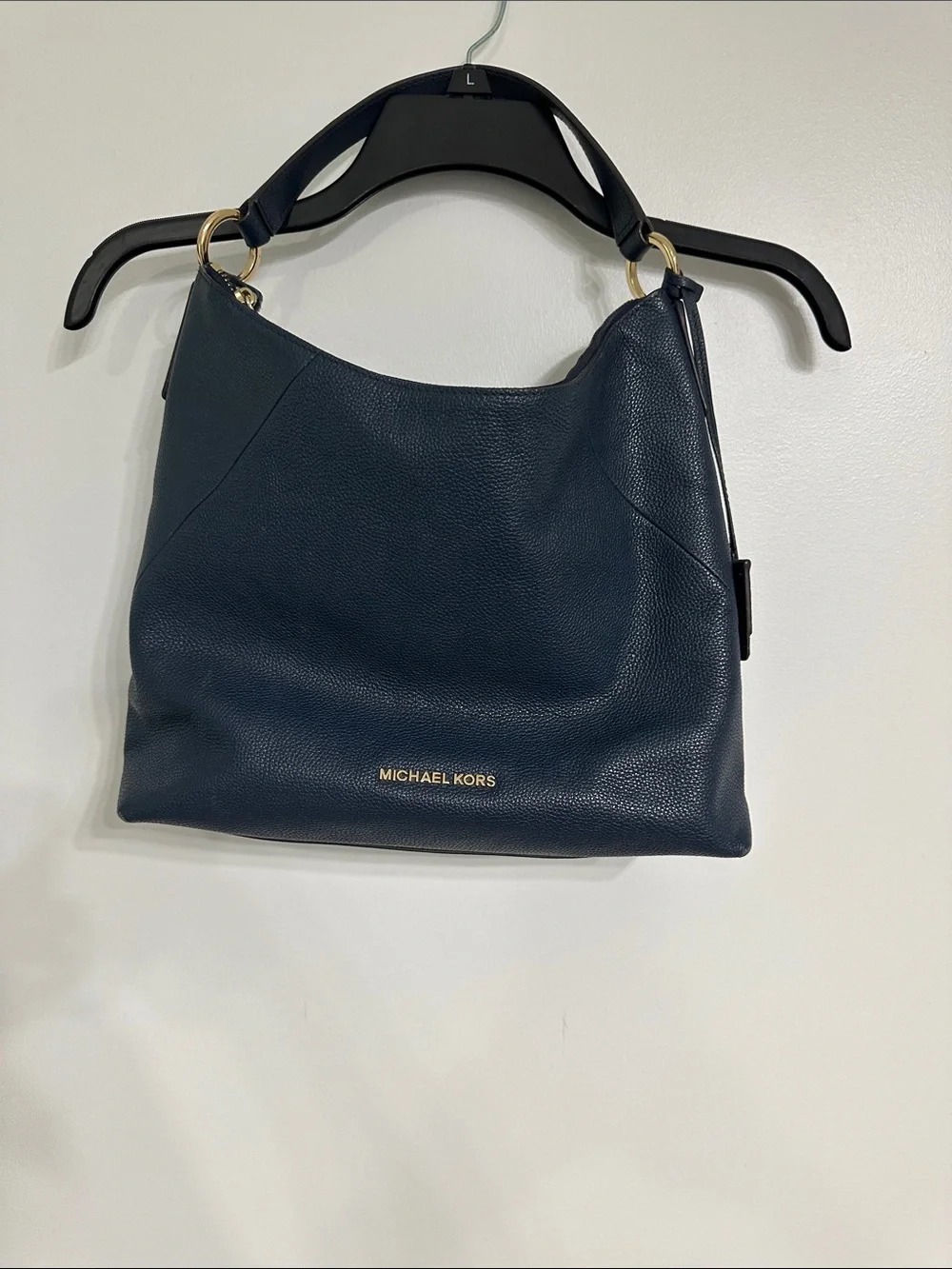 Michael Kors Navy Pebbled Leather Shoulder Hobo with Gold Hardware